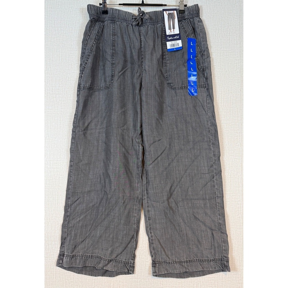 NWT Splendid Womens Black Lyocell Wide Leg Cropped Drawstring Pants •L• Coastal - Picture 2 of 8